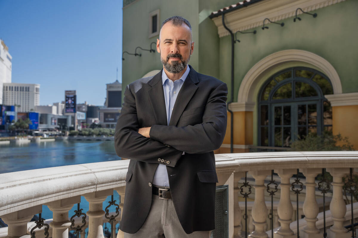 Michael Gulich, vice president of sustainability at MGM, stands for a portrait above the Founta ...
