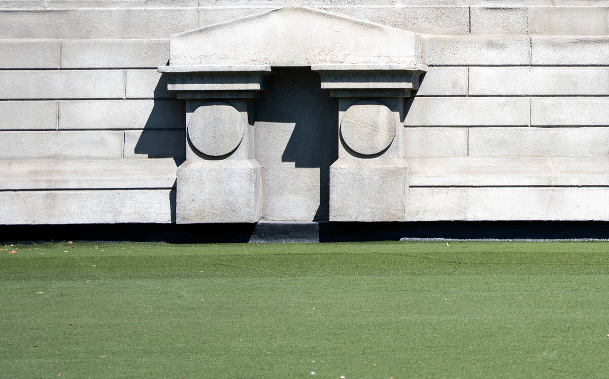Green turf now covers the base of the Statue of Liberty replica at New York-New York Hotel and ...
