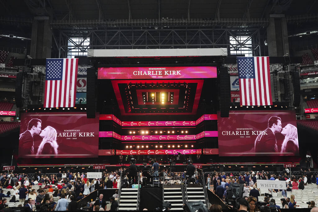The stage is seen before the start of a memorial for conservative activist Charlie Kirk, Sunday ...