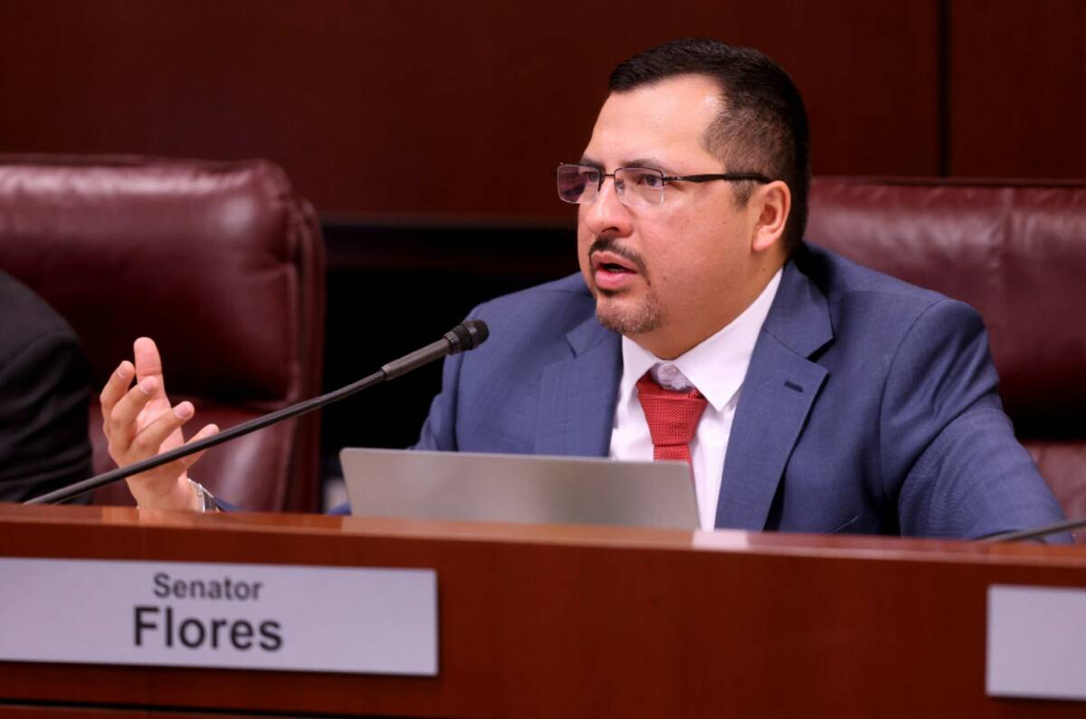 Sen. Edgar Flores, D-Las Vegas, asks a question during a meeting of the Commerce and Labor Comm ...