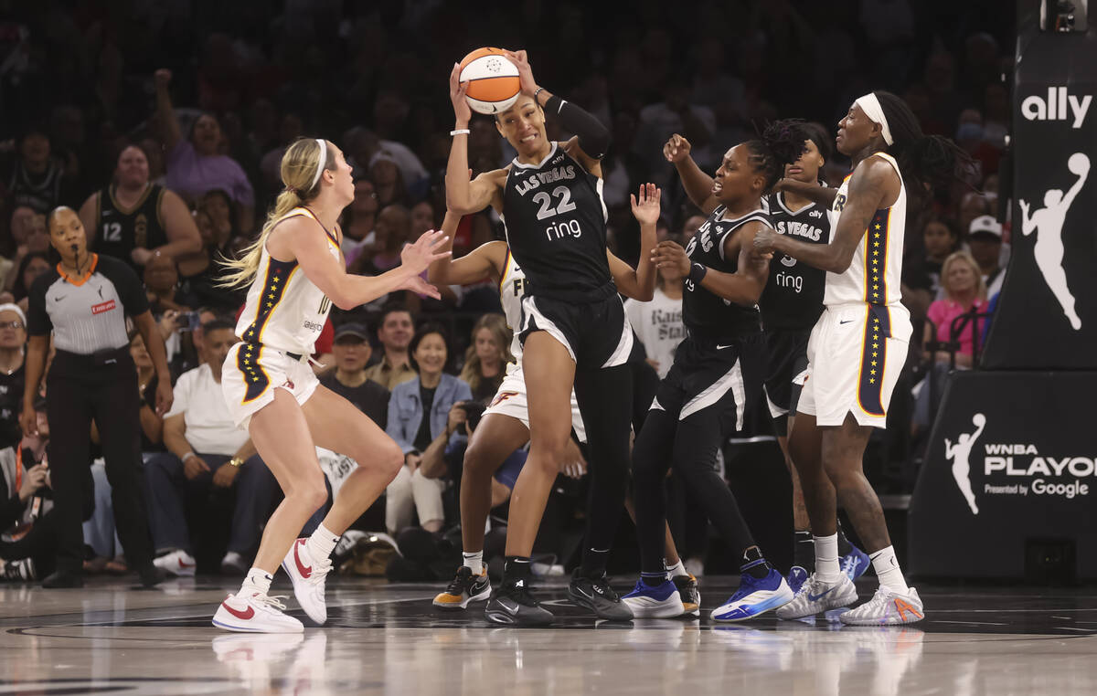 Aces center A'ja Wilson (22) grabs a rebound against the Indiana Fever during the second h ...