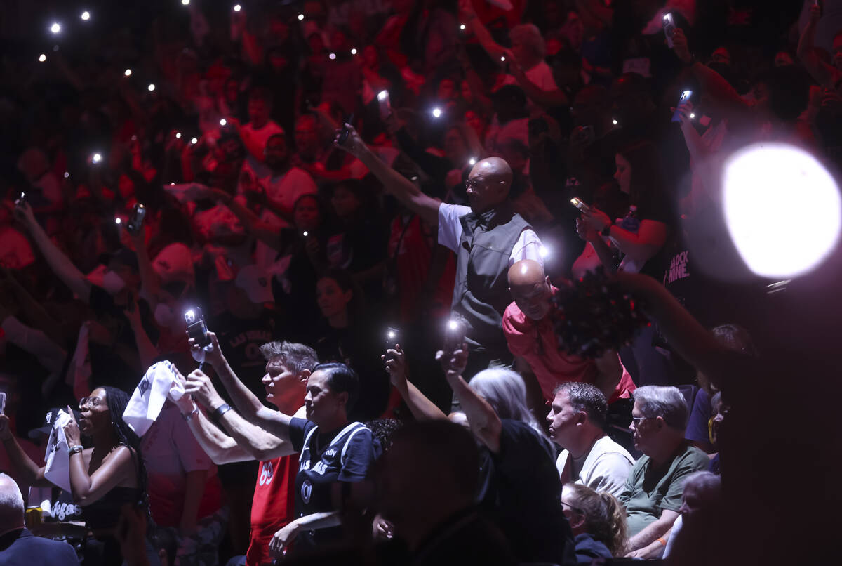 Aces fans lights up the arena during the second half of Game 2 of a WNBA playoff semifinals ser ...