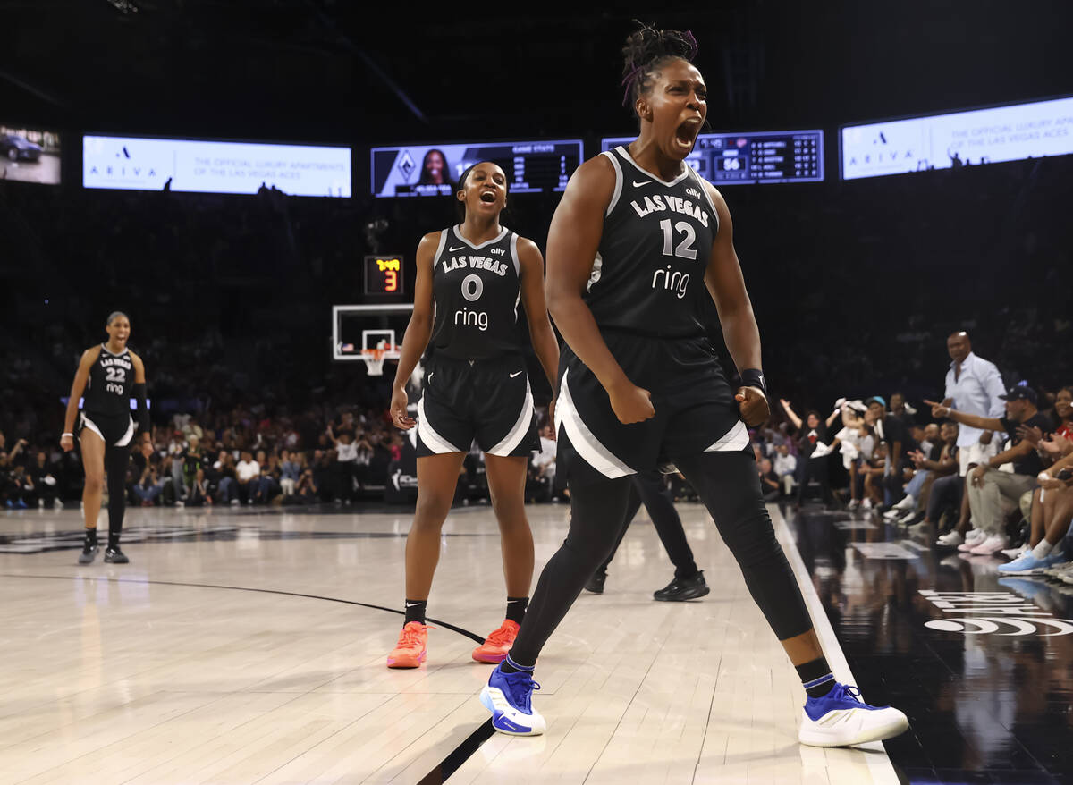 Aces guard Chelsea Gray (12) celebrates after a play against the Indiana Fever during the secon ...