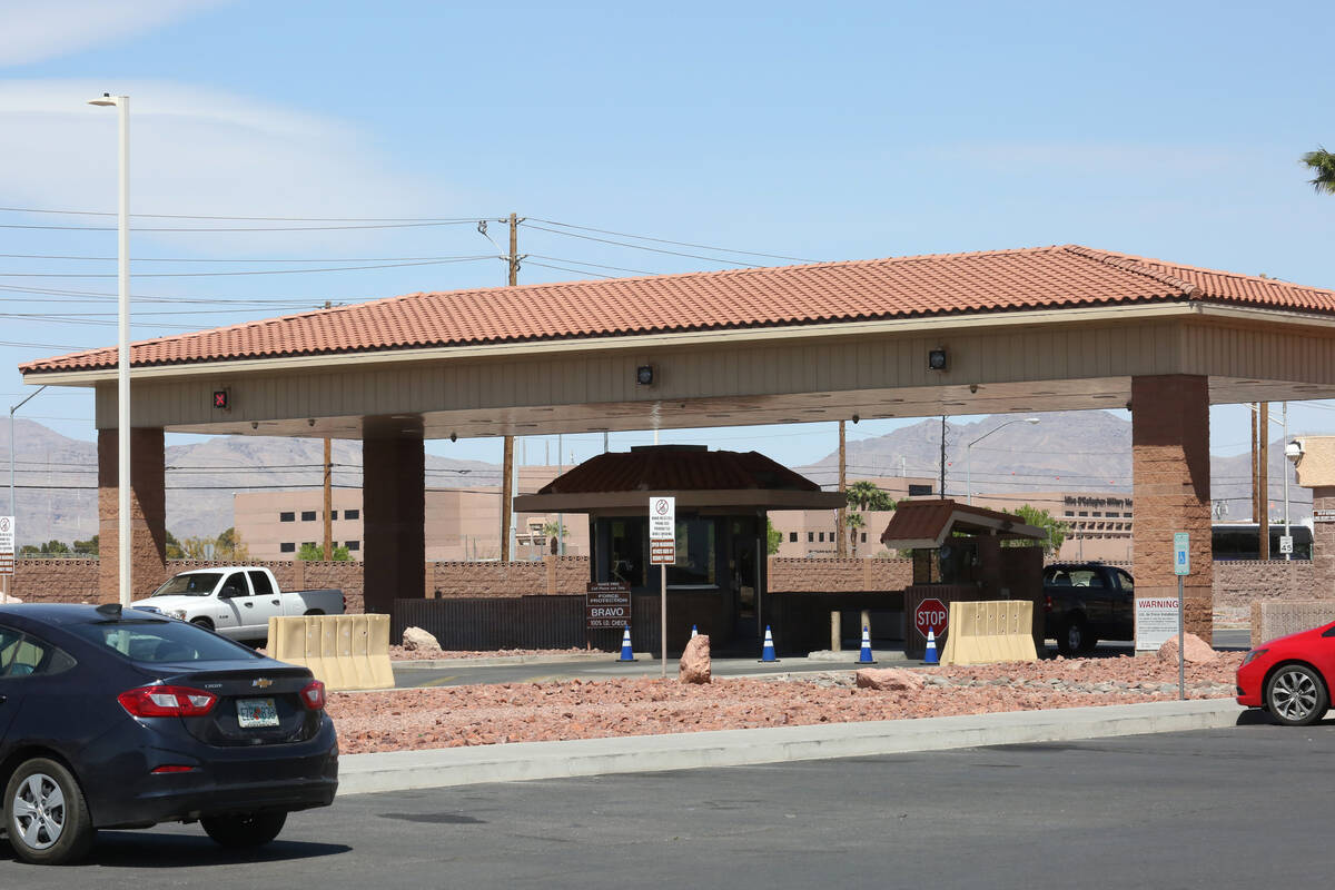 The main entrance checkpoint at Nellis Air Force Base in Las Vegas on Wednesday, April 4, 2018. ...