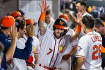 Aviators catcher Bryan Lavastida (7) celebrates a run scored with teammates in the dugout again ...