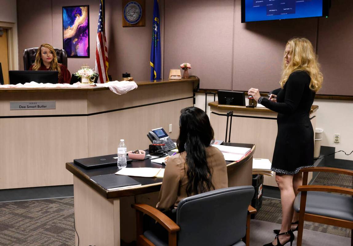Chief Deputy District Attorney Summer Clarke addresses Judge Dee Butlerv in Clark County Family ...