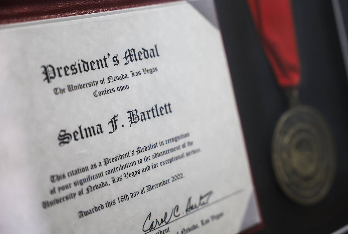 The UNLV President’s Medal awarded to Selma Bartlett on December 18, 2002. Photo taken S ...