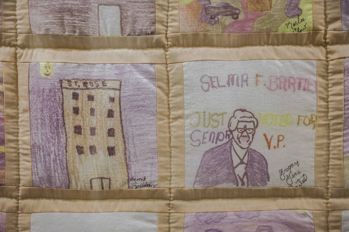 A quilt made by students at Selma F Bartlett Elementary gifted to longtime Nevada banker and ph ...