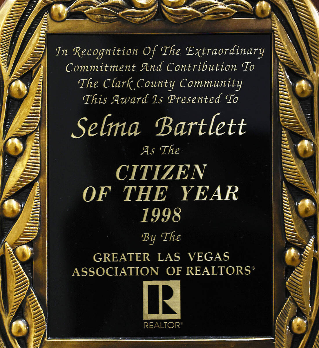Selma Bartlett’s award for Citizen of the Year 1998 from the Greater Las Vegas Associati ...