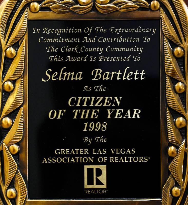 Selma Bartlett’s award for Citizen of the Year 1998 from the Greater Las Vegas Associati ...