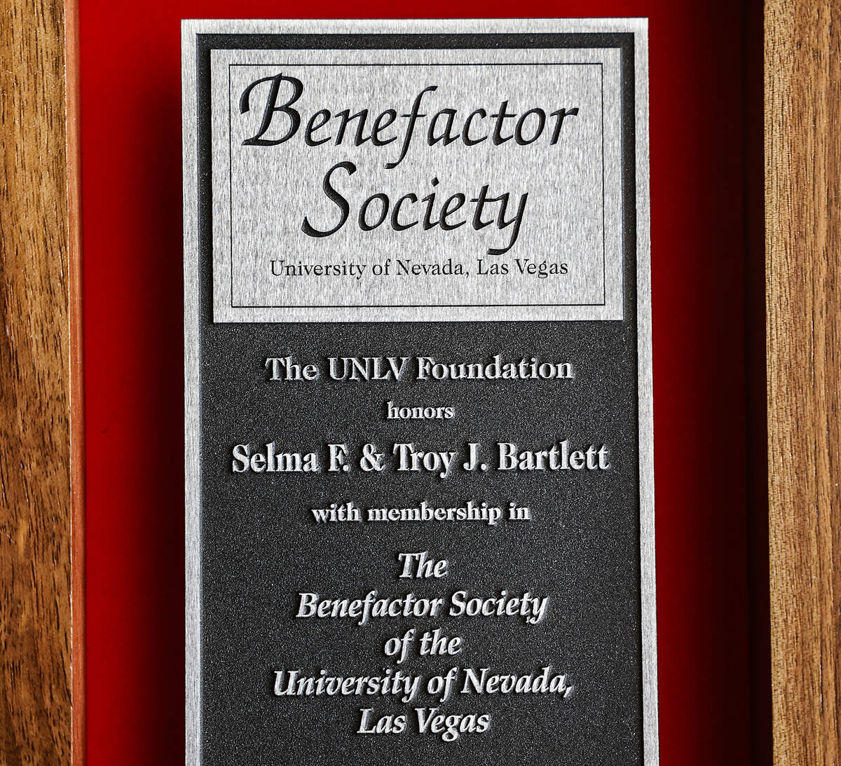 A plaque signifying Selma and Troy Bartlett’s membership in The Benefactor Society of UN ...