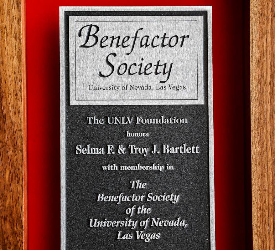 A plaque signifying Selma and Troy Bartlett’s membership in The Benefactor Society of UN ...
