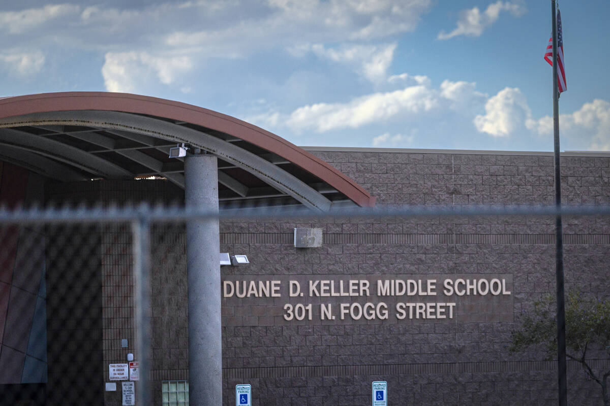 An exterior view of Keller Middle School is seen on Thursday, Sept. 25, 2025, in Las Vegas. (Ch ...