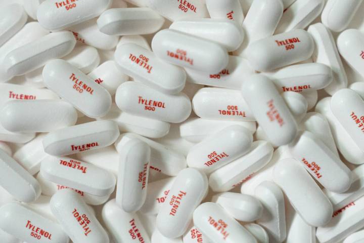 Tylenol pain-relief pills are shown in La Habra, Calif., Tuesday, Sept. 23, 2025. (AP Photo/Jae ...