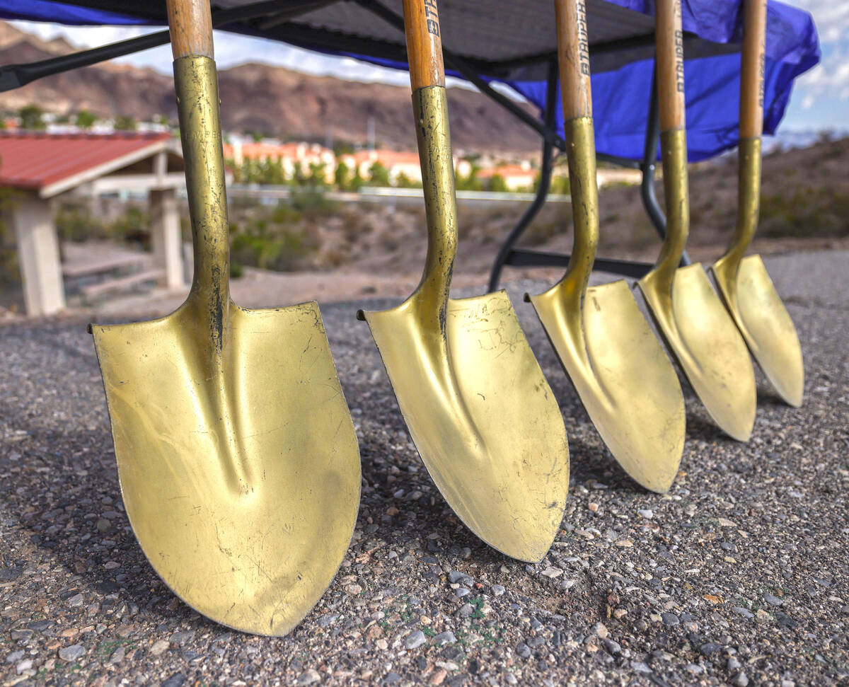 Shovels are positioned before the start of a groundbreaking event for the Nevada Adventure Cent ...
