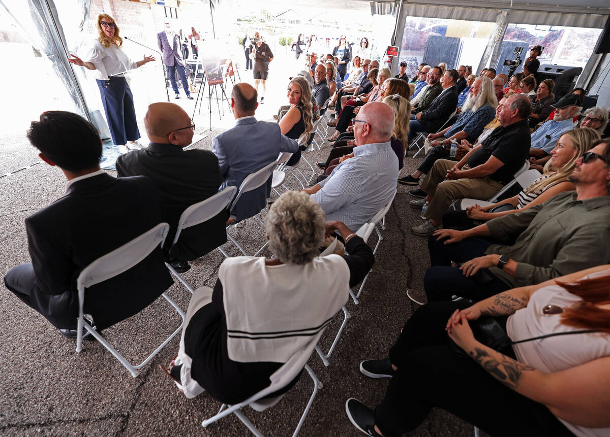 Jill Rowland-Lagan, left, Boulder City Chamber of Commerce CEO, speaks during a groundbreaking ...