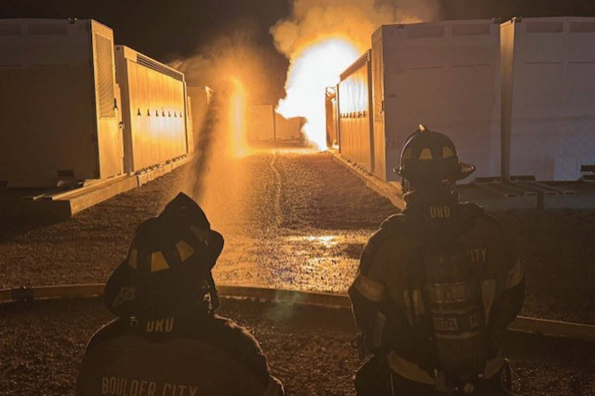 Crews respond to a lithium battery fire Tuesday, Sept. 23, 2025, at the Townsite Solar site in ...