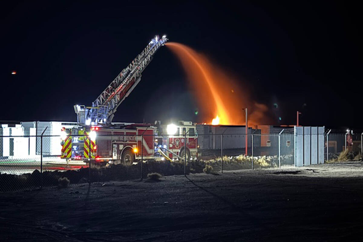 Crews respond to a lithium battery fire Tuesday, Sept. 23, 2025, at the Townsite Solar site in ...