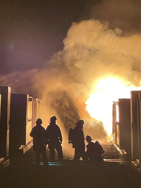Crews respond to a lithium battery fire Tuesday, Sept. 23, 2025, at the Townsite Solar site in ...