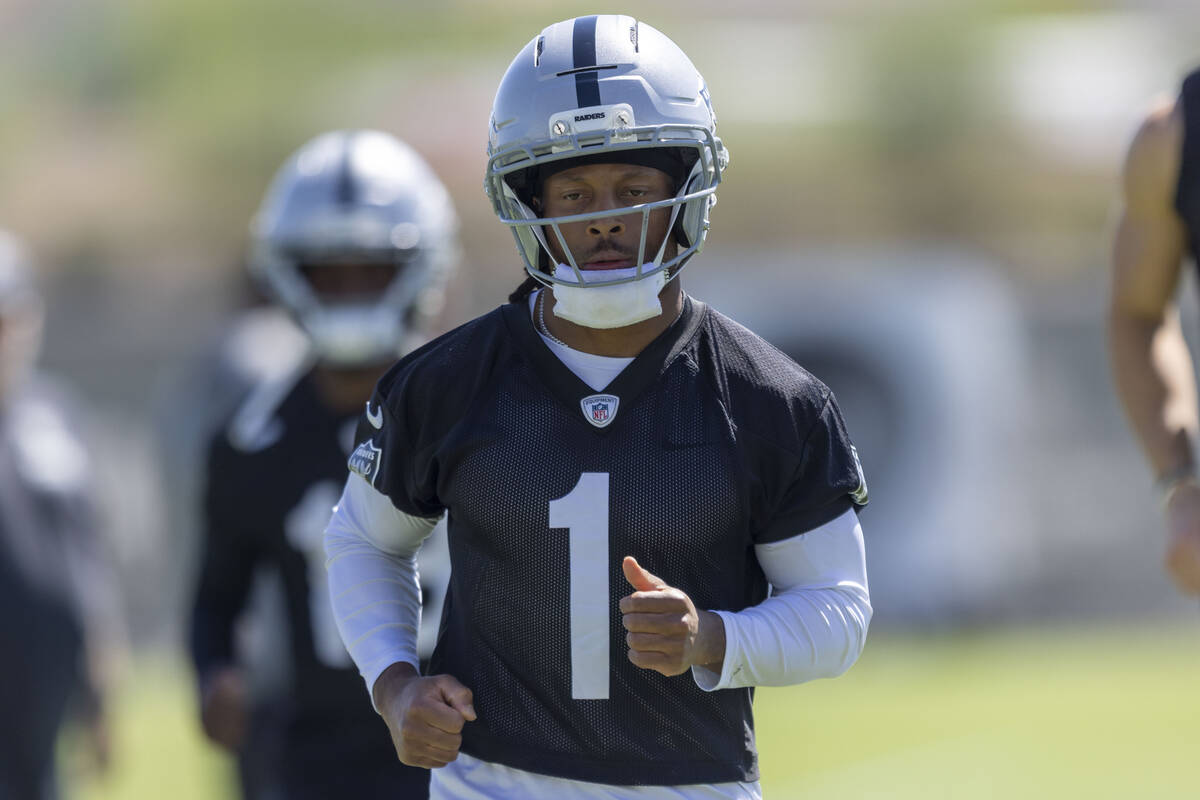 Raiders wide receiver Tre Tucker (1) runs during the team’s practice at the Intermountai ...