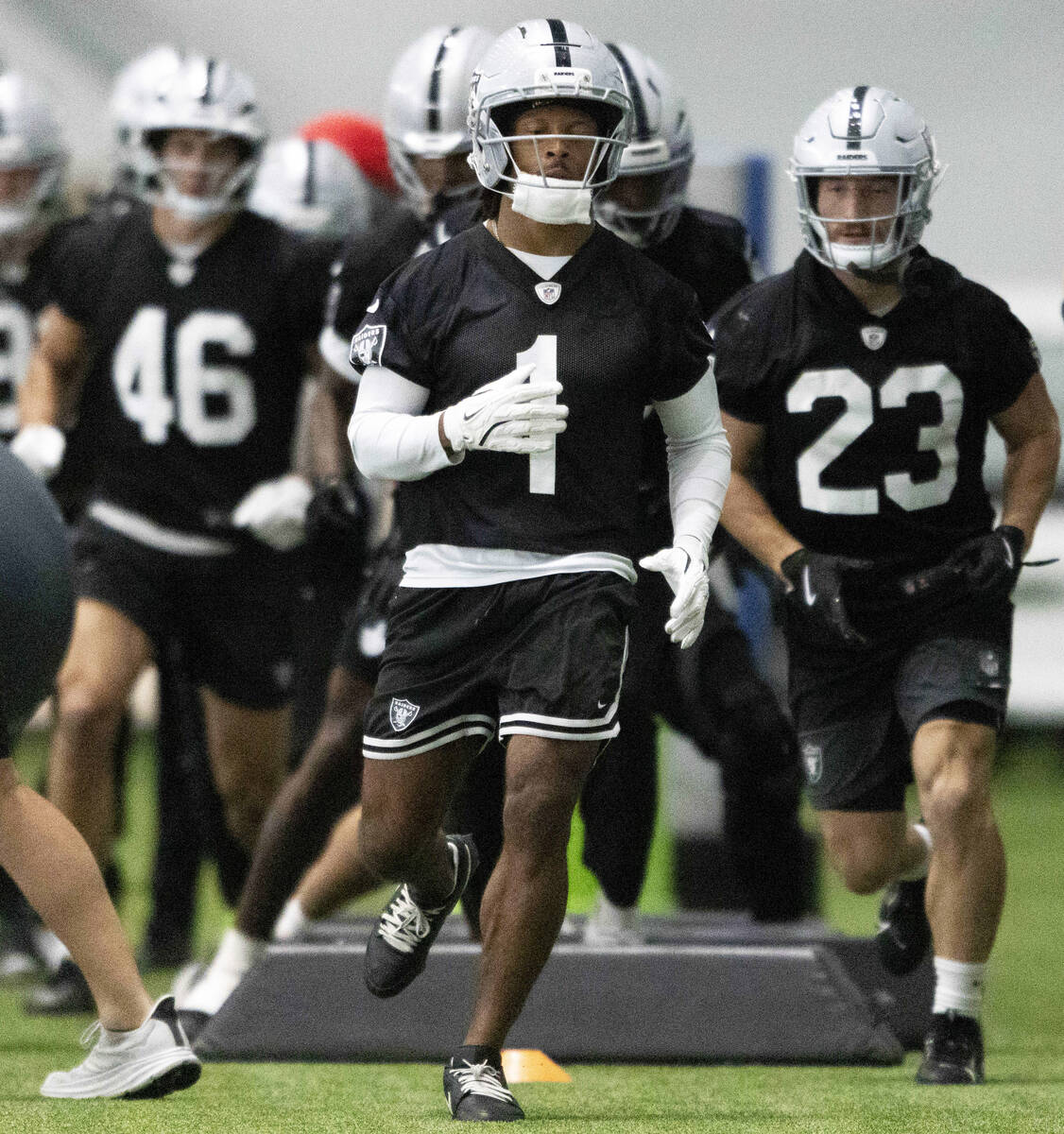 Raiders wide receiver Tre Tucker (1) runs a drill during the team’s practice at the Inte ...