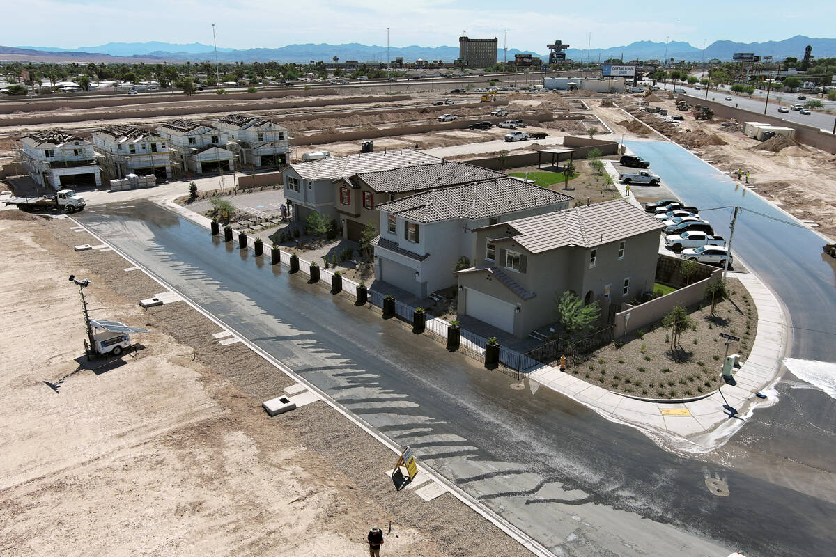 Drone footage shows construction of the KB Homes development Vales at Manzano along Boulder Hig ...