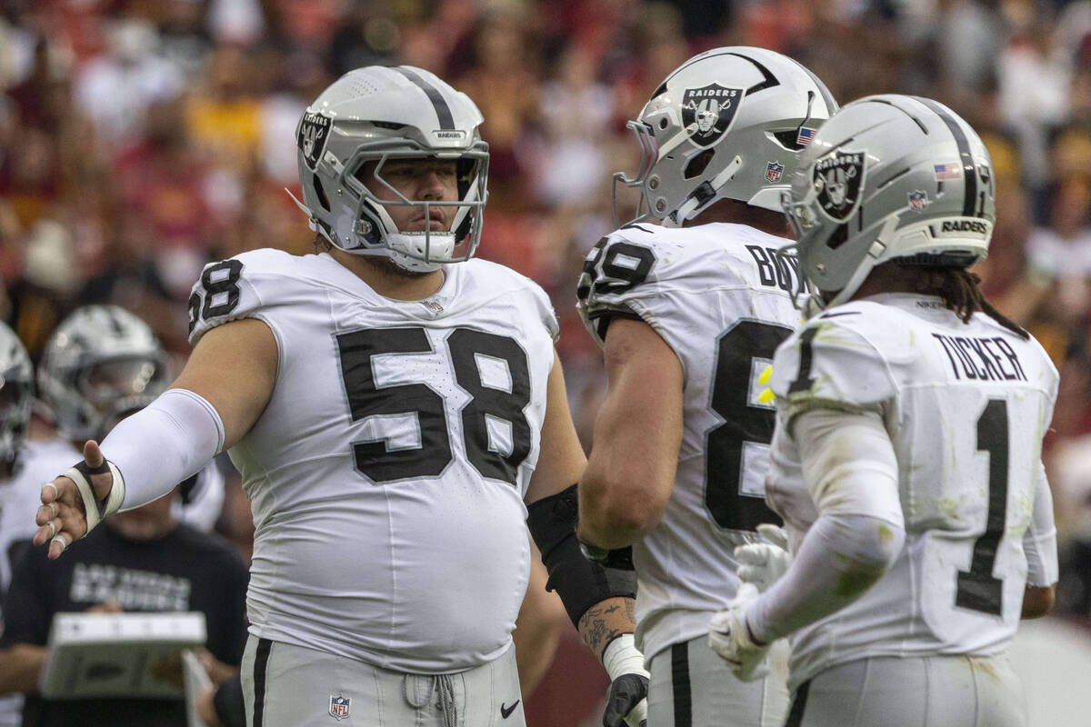 Raiders guard Jackson Powers-Johnson (58) and congratulates wide receiver Tre Tucker (1) as he ...