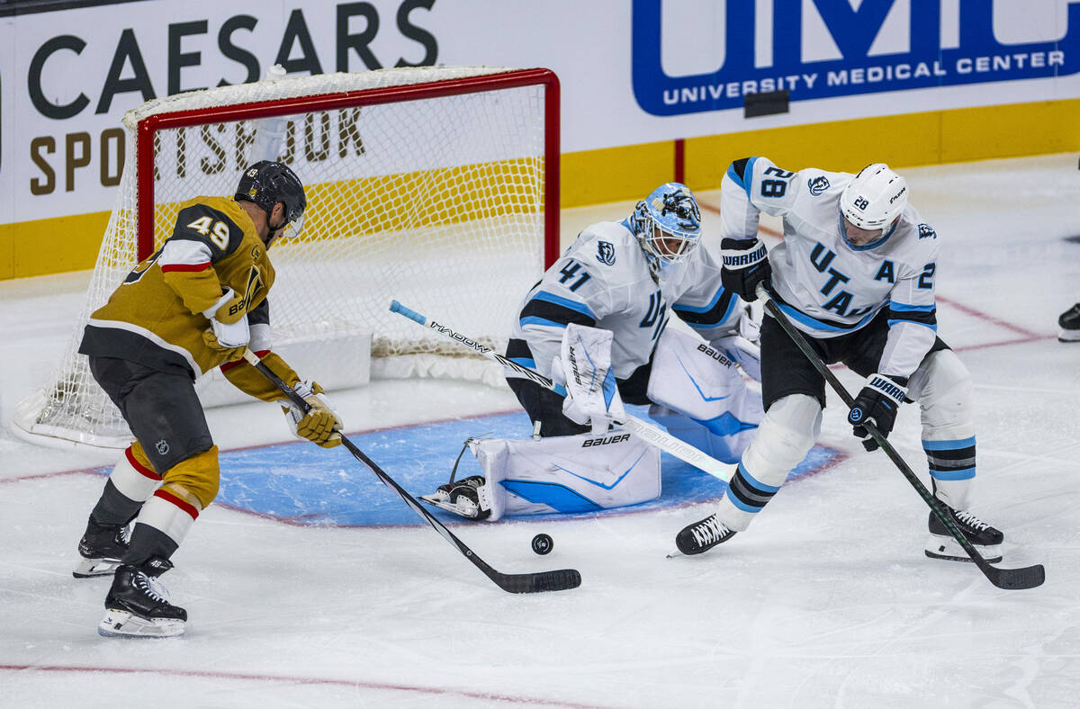 Golden Knights right wing Jonas Rondbjerg (46) looks to score against Utah Mammoth goaltender V ...