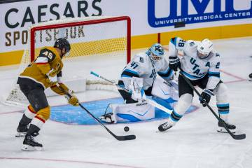 Golden Knights right wing Jonas Rondbjerg (46) looks to score against Utah Mammoth goaltender V ...