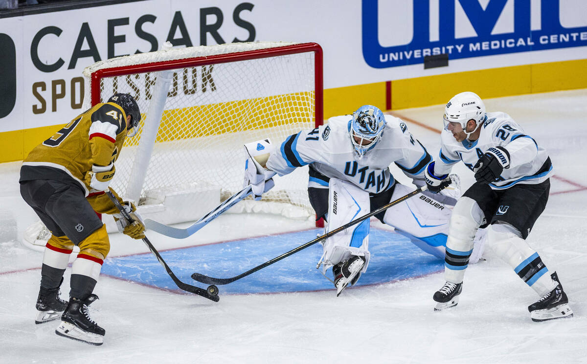 Golden Knights right wing Jonas Rondbjerg (46) looks to score against Utah Mammoth goaltender V ...