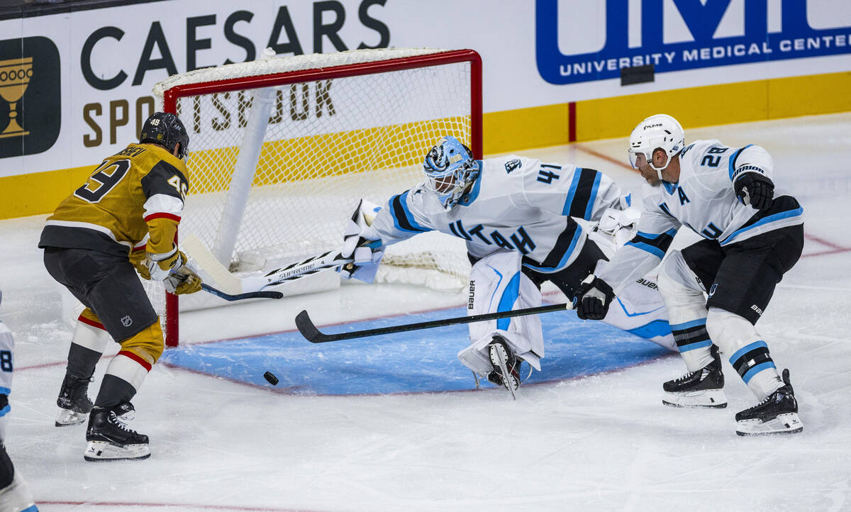Golden Knights right wing Jonas Rondbjerg (46) looks to score against Utah Mammoth goaltender V ...