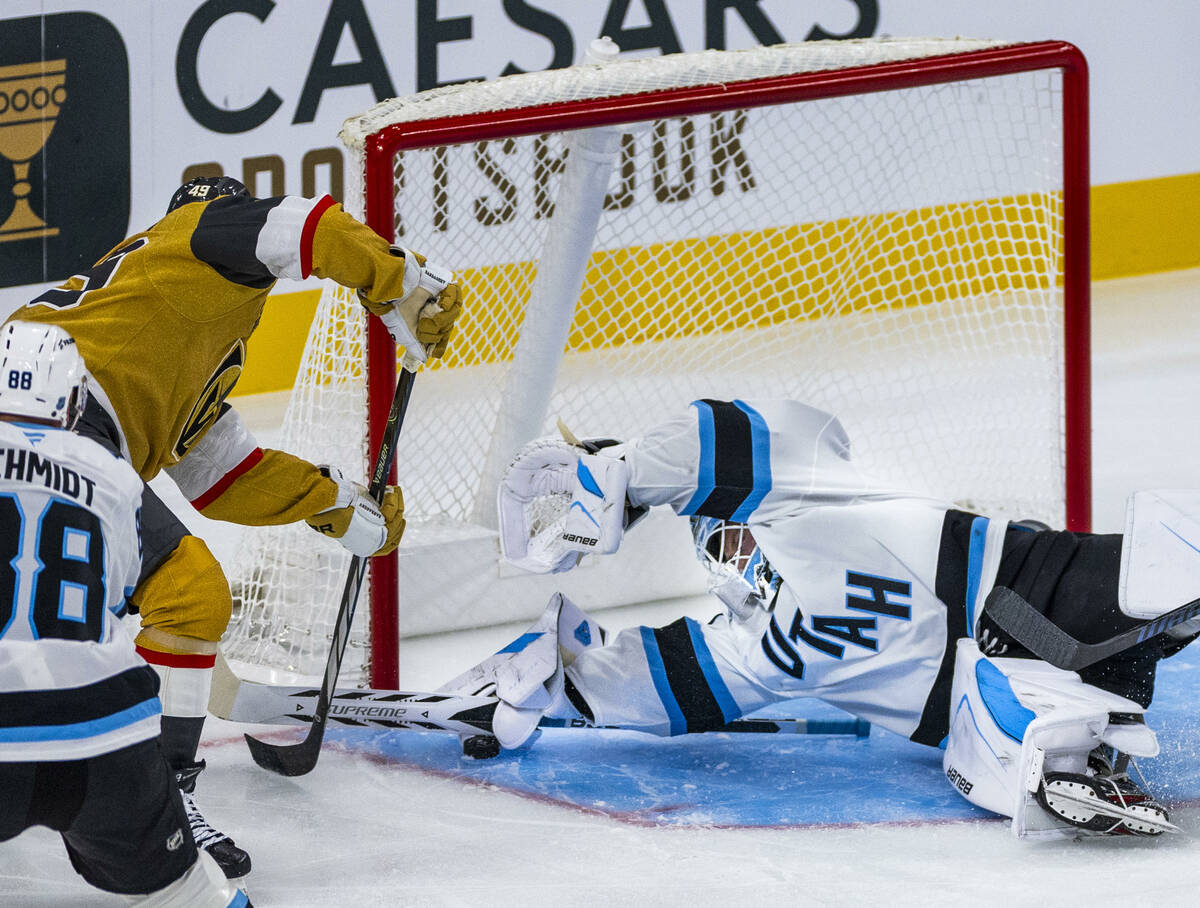 Golden Knights right wing Jonas Rondbjerg (46) looks to score against Utah Mammoth goaltender V ...