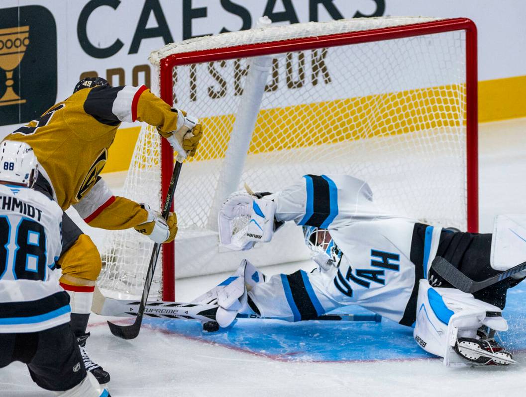 Golden Knights right wing Jonas Rondbjerg (46) looks to score against Utah Mammoth goaltender V ...