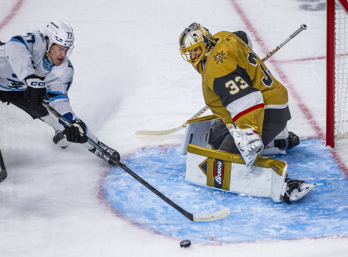 Utah Mammoth right wing JJ Peterka (77) loses the puck on a possible shot against Golden Knight ...