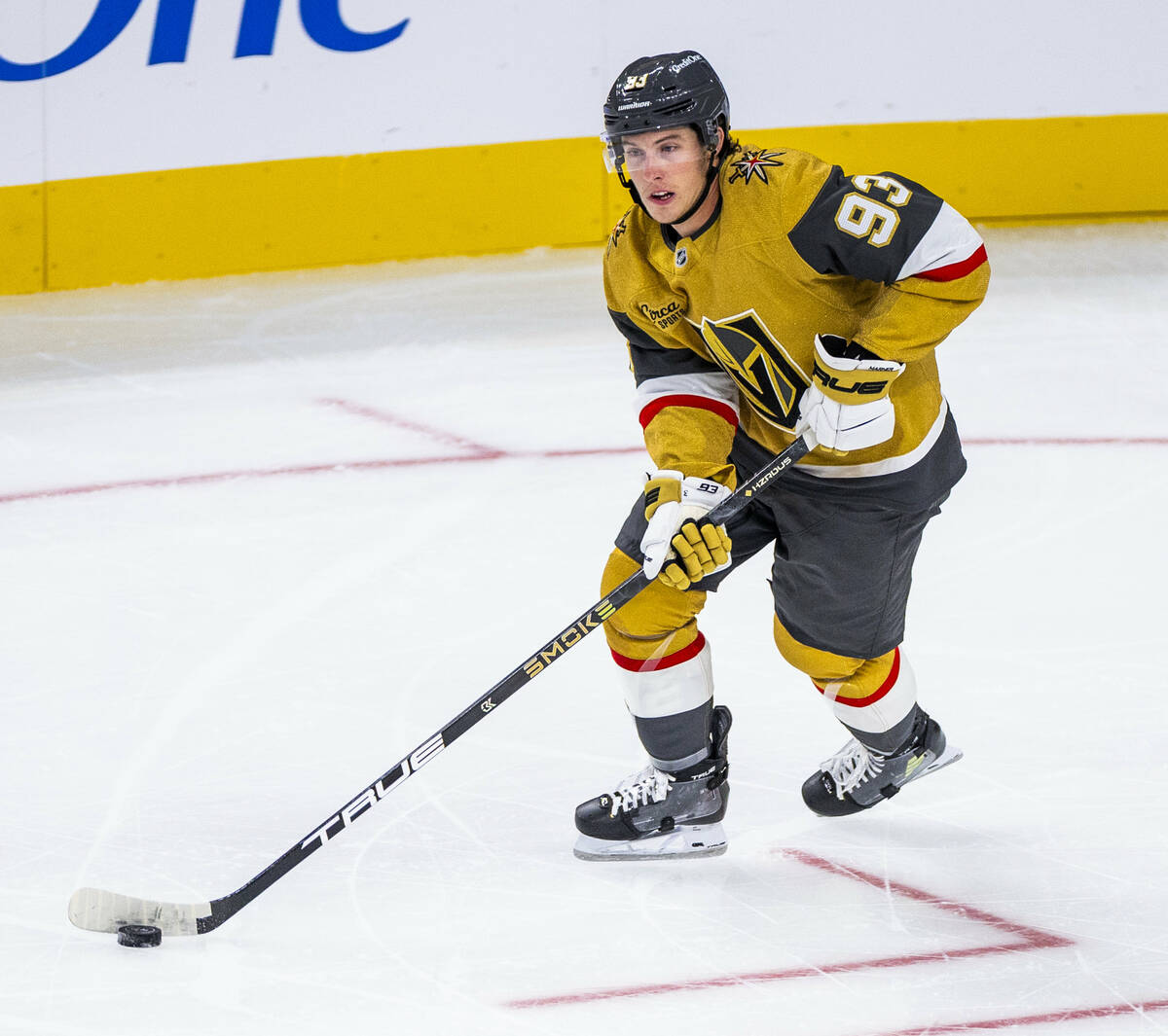 Golden Knights right wing Mitch Marner (93) advances the puck against the Utah Mammoth during t ...