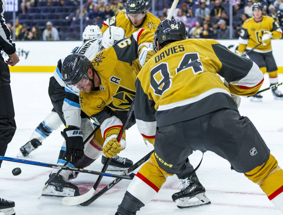 Golden Knights center Jack Eichel (9) sends a puck forward against Utah Mammoth center Kevin St ...