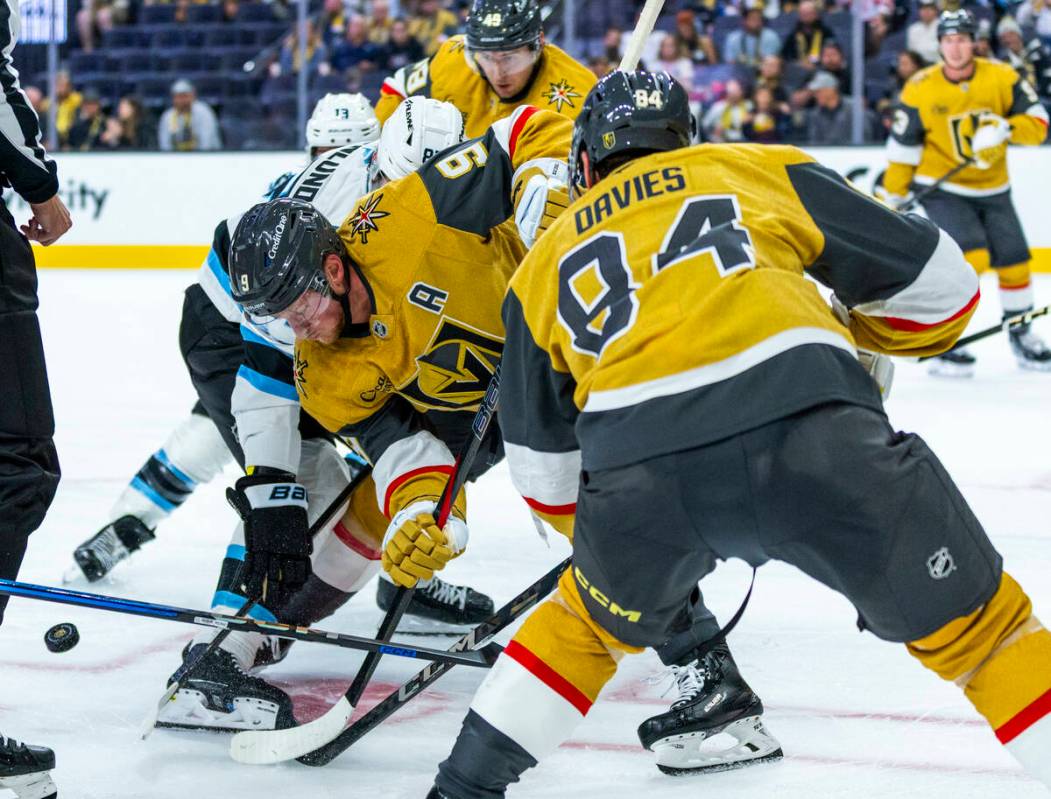 Golden Knights center Jack Eichel (9) sends a puck forward against Utah Mammoth center Kevin St ...