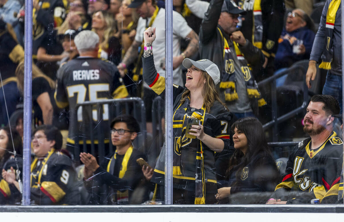 Golden Knights fans celebrate a goal against the Utah Mammoth during the third period of their ...