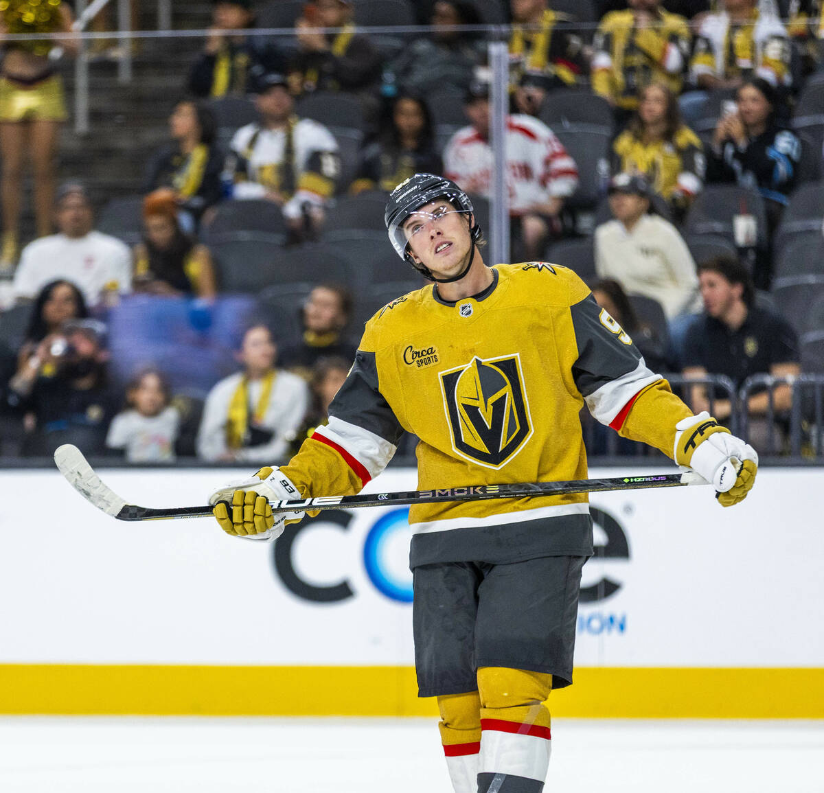 Golden Knights right wing Mitch Marner (93) is a bit dismayed after a near score against the Ut ...