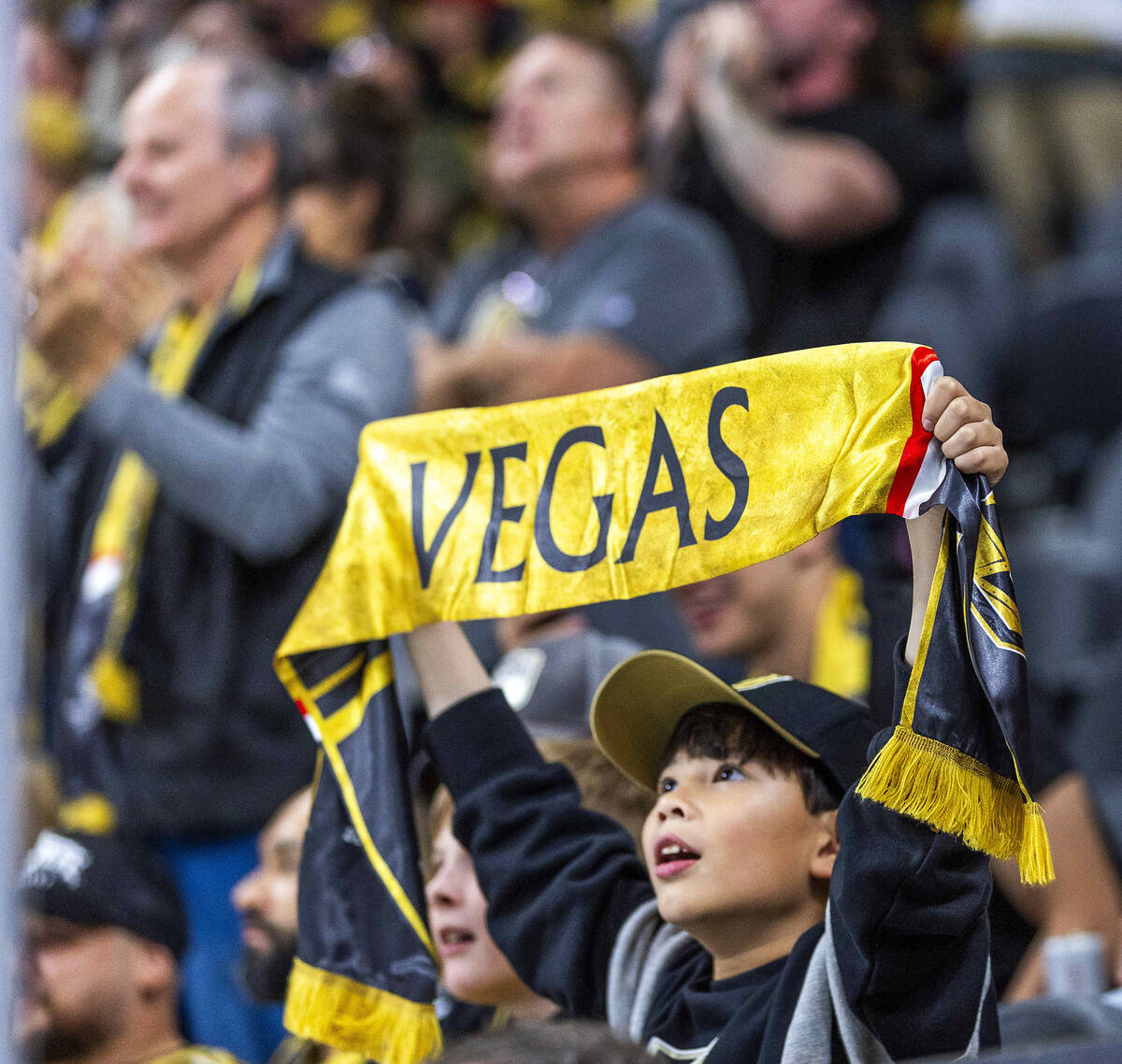 Golden Knights fans celebrate a second goal against Utah Mammoth during the third period of the ...