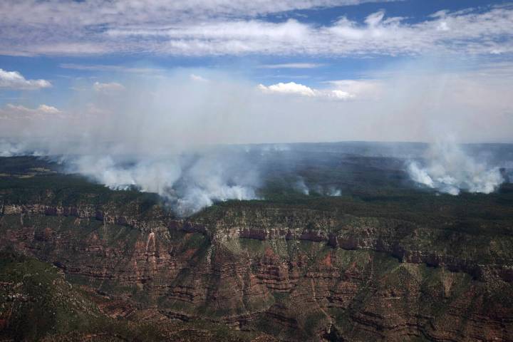 The Dragon Bravo Fire burns on the Grand Canyon's North Rim Saturday, July 19, 2025. (Joe Rondo ...