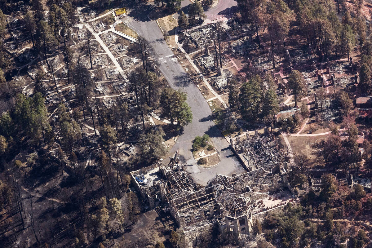A view of the remains of the Grand Canyon Lodge during Arizona Gov. Katie Hobbs' aerial tour of ...