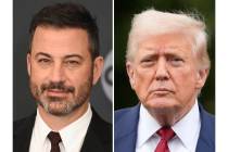Jimmy Kimmel appears at the Walt Disney Television upfront in New York on May 14, 2019, left, a ...