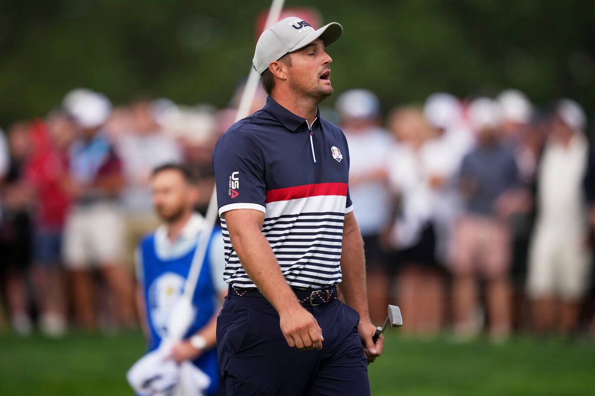 United States' Bryson DeChambeau reacts after missing a putt on the fifth hole at Bethpage ...