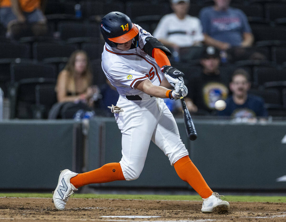 Aviators outfielder Ryan Lasko (35) hits a two-run homer against the Tacoma Rainiers during Gam ...