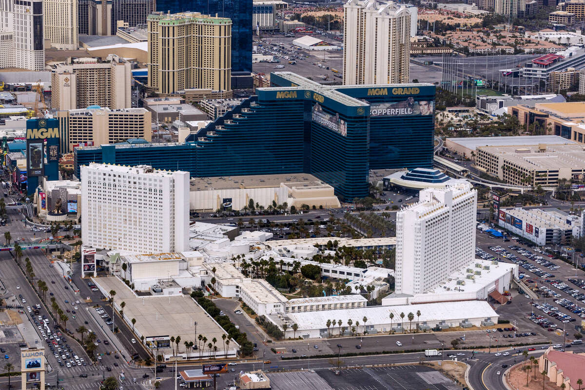The Tropicana amongst various other properties on Friday, Feb. 9, 2024, in Las Vegas. (L.E. Bas ...