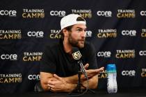 Golden Knights defenseman Alex Pietrangelo speaks to the media at City National Arena Monday, S ...