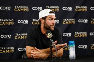 Golden Knights defenseman Alex Pietrangelo speaks to the media at City National Arena Monday, S ...