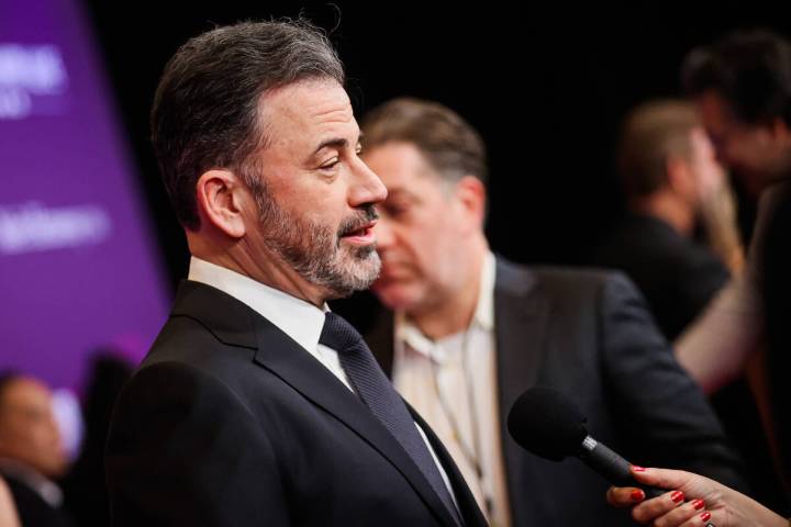 Jimmy Kimmel speaks to reporters on the red carpet at the Power of Love gala at the MGM Grand G ...