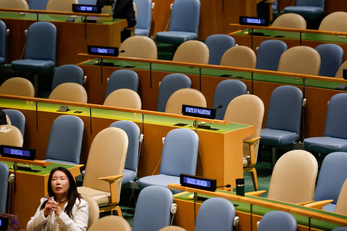 Palestinian delegate seats sit empty along with others as Israeli Prime Minister Benjamin Netan ...